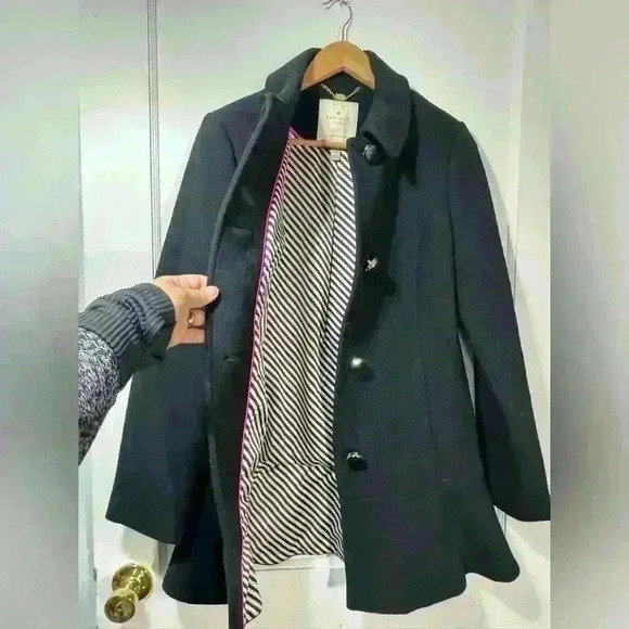 Kate Spade Black Wool Blend Peplum Pea Coat Jacket - Picture 6 of 11